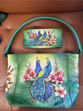 Anuschka Bright Colored, Hand Painted Peacock Purse with Matching Wallet